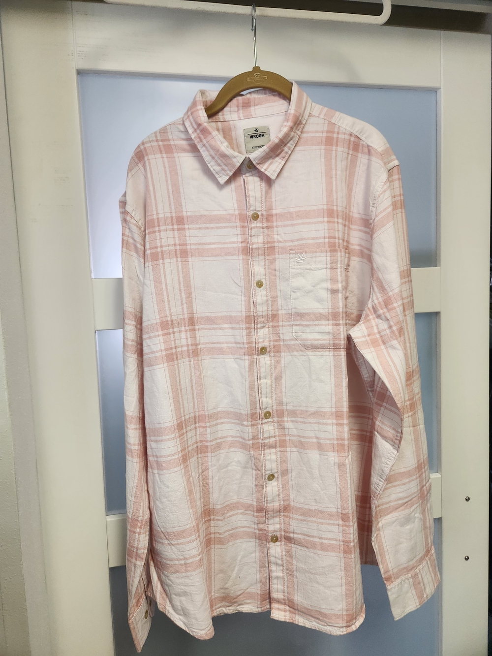Light Pink Plaid Long-Sleeve Button-Down Shirt.